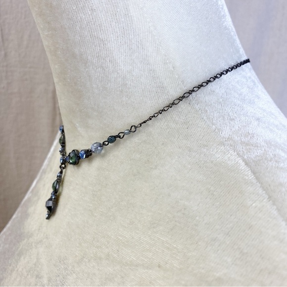 1928 Gunmetal Necklace and earring set green blue gem rhinestone y necklace - Picture 3 of 7